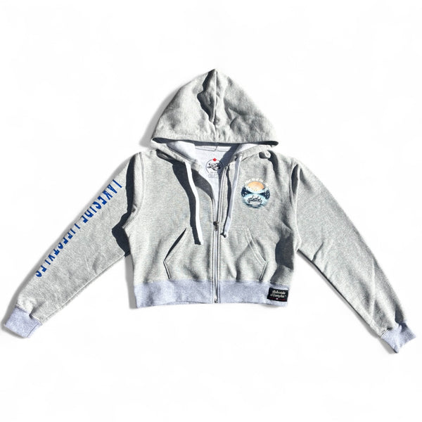 Women’s cropped zip hoodie with Lakeside Lifestyles branding; premium lightweight fleece.